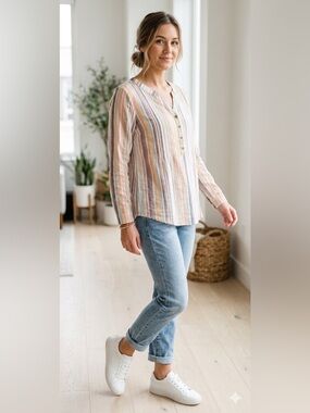 89th + Madison Womens Large Multi Color Vertical Stripe Henley Blouse Top L/S